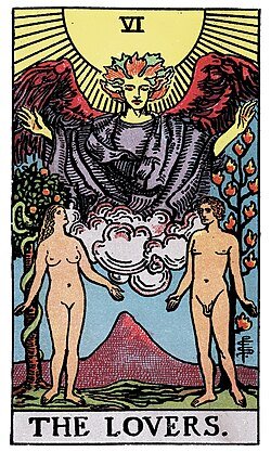 The Lovers Tarot card from the Rider-Smith-Waite deck